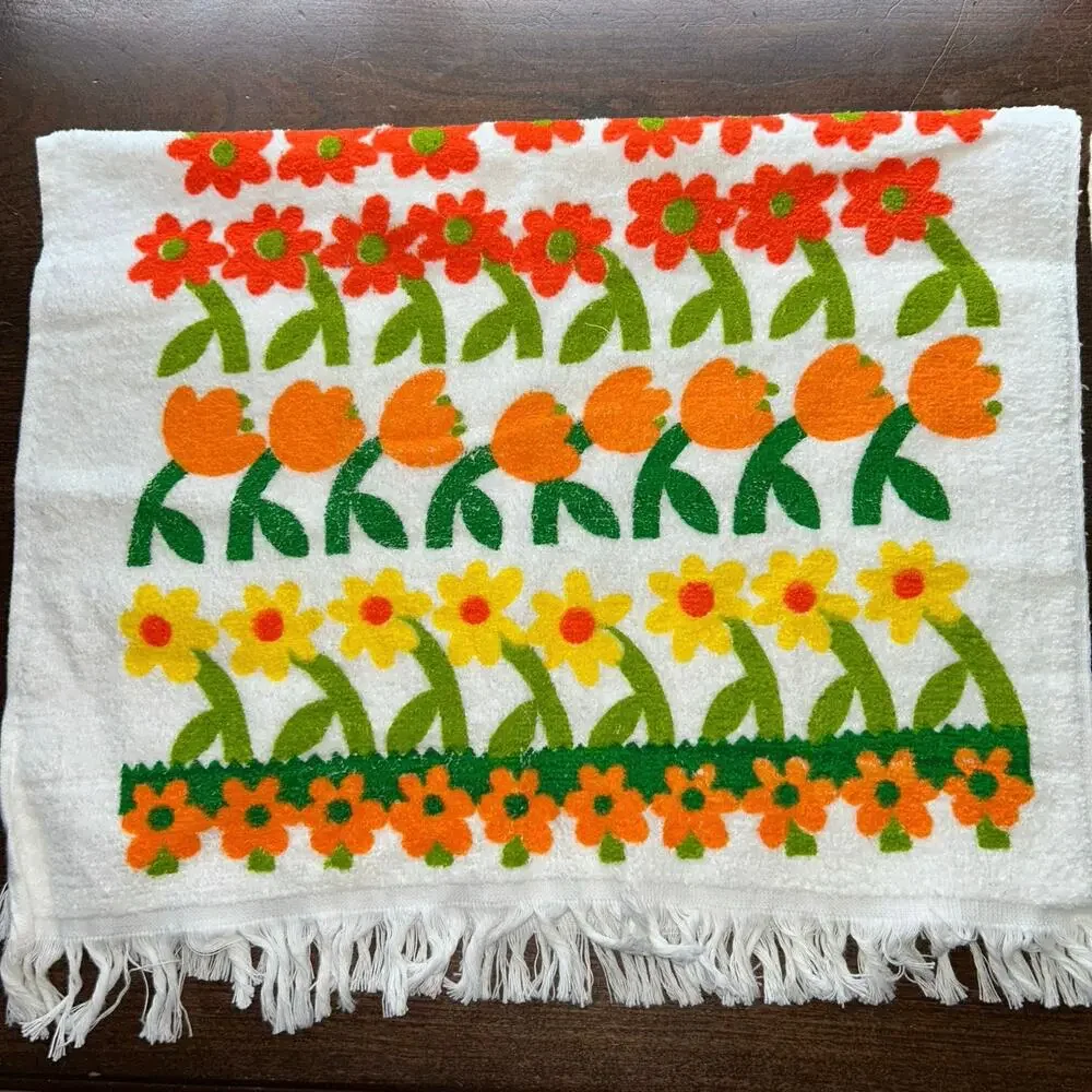 2 NOS vintage floral towels 1970s orange yellow green flower fringe edges retro